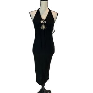 Velvet Torch Sleeveless Halter Ribbed Knit Cutout Bodycon Midi Dress - Black - L